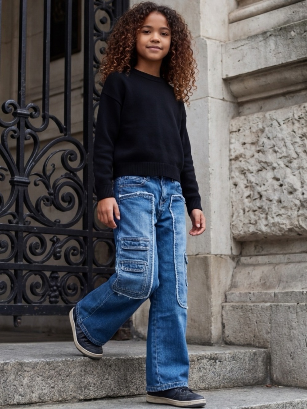 EUC Forever 21 Kids SZ 9/10 blue cargo wide leg pants/raw edge accents/waist 25”